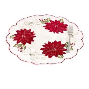 Set/12 Christmas Poinsettia Ribbon Cutwork Round Placemat 16" Round HolidayTable